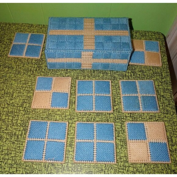 Vintage Blue Plastic Canvas Coaster Set 8 with Holder needlepoint handmade retro - Picture 4 of 10
